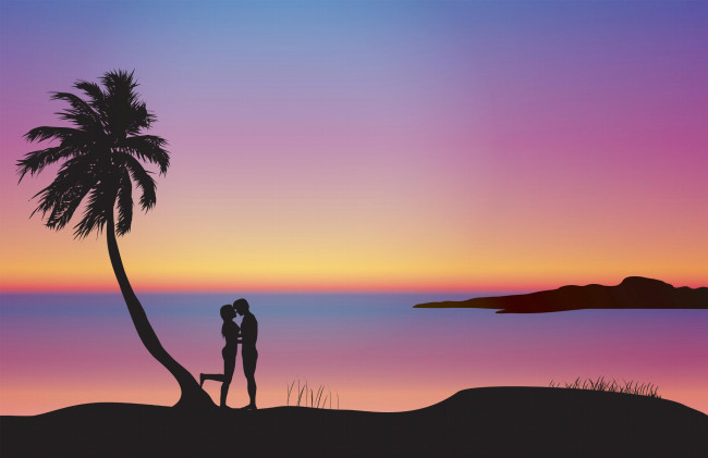 Обои картинки фото векторная графика, люди , people, девушка, взгляд, фон, парень, море, пальмы