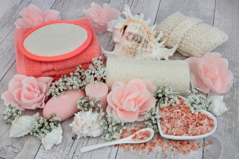 Картинка разное косметические+средства +духи спа цветы мыло полотенце ракушка соль свечи