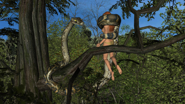 Обои картинки фото 3д графика, фантазия , fantasy, змея, фон, взгляд, девушка