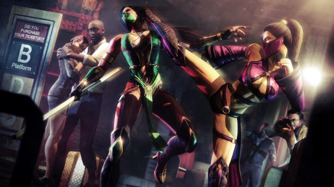 Обои картинки фото видео игры, mortal kombat, mileena, jade, девушки, поединок, люди, улица