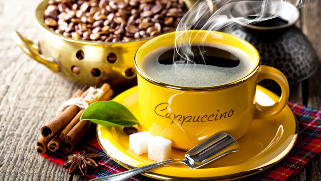 Обои картинки фото еда, кофе,  кофейные зёрна, корица, пар