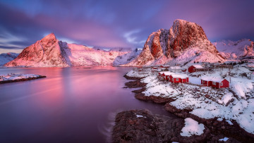 Картинка города лофотенские+острова+ норвегия горы фьорд дома зима снег