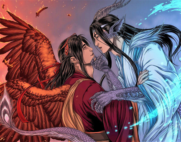 Обои картинки фото аниме, mo dao zu shi, вэй, усянь, лань, ванцзи, феникс, дракон