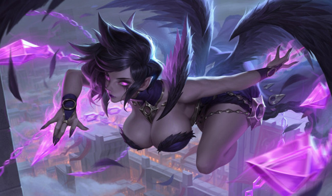 Обои картинки фото видео игры, league of legends, morgana, цепи, магия, крылья, город
