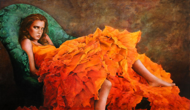 Обои картинки фото рисованное, люди, девушка, платье, кресло