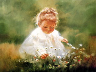 обоя рисованное, donald zolan, девочка, ребенок, цветы, луг