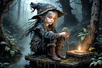 обоя фэнтези, эльфы, эльф, ребенок, шляпа, сапоги, лохмотья, зверек, лес, ручей, свеча, ящик