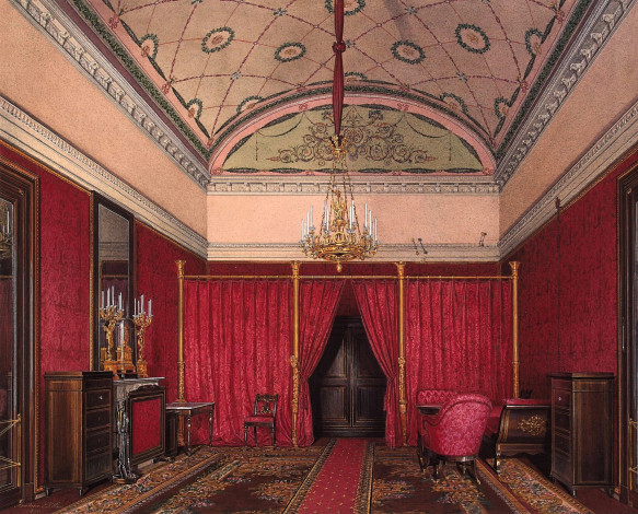 Обои картинки фото рисованное, эдуард гау, интерьер, комната, шторы, ковер, мебель, свечи, зеркало