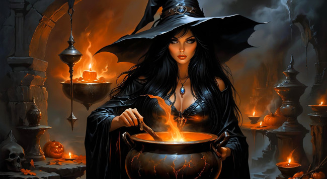 Обои картинки фото фэнтези, маги,  волшебники, девушка, ведьма, шляпа, котел, зелье, свечи, тыквы