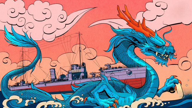 Обои картинки фото видео игры, world of warships, дракон, корабль, облака, море