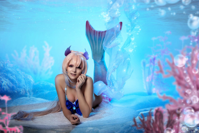 Обои картинки фото девушки, mari aisu, образ, косплей, русалка, море, дно