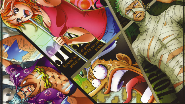 Обои картинки фото аниме, one, piece, nami, roronoa, zoro, usopp, franky