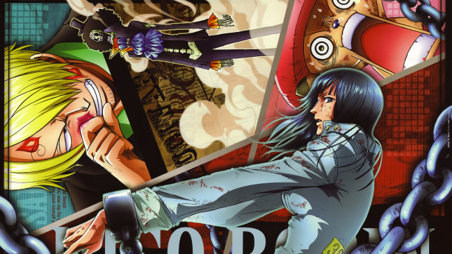 Обои картинки фото аниме, one, piece, sanji, chopper, nico, robin, brook