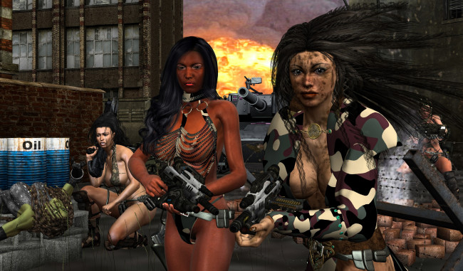 Обои картинки фото 3д, графика, fantasy, фантазия, девушки, грязь, оружие, город