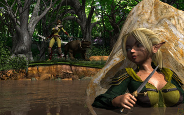 Картинка 3д+графика эльфы+ elves эльфийка взгляд существо оружие камень вода
