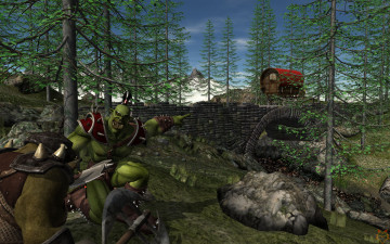 Картинка 3д+графика фантазия+ fantasy существа мост телега река деревья горы