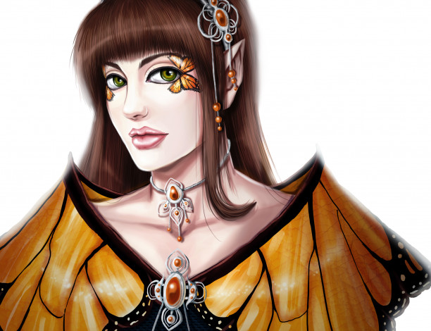 Обои картинки фото рисованные, люди, накидка, глаза, взгляд, эльфийка