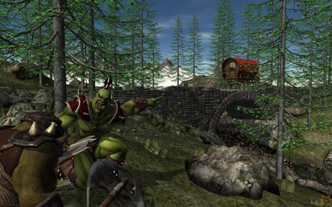 Обои картинки фото 3д графика, фантазия , fantasy, существа, мост, телега, река, деревья, горы