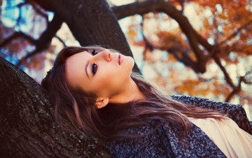 Картинка девушки -unsort+ брюнетки +шатенки осень пальто дерево