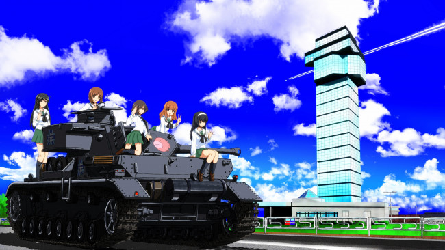 Обои картинки фото аниме, girls und panzer, фон, взгляд, девушки