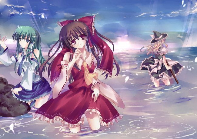 Обои картинки фото аниме, touhou, взгляд, девушка, фон