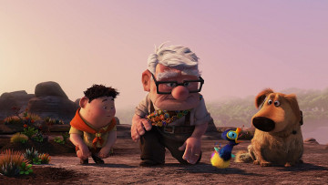 Картинка мультфильмы up собака дедушка мальчик растения птенец