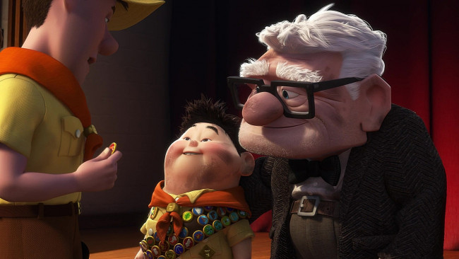 Обои картинки фото мультфильмы, up, мальчик, юноша, ребенок, значки, дедушка, очки