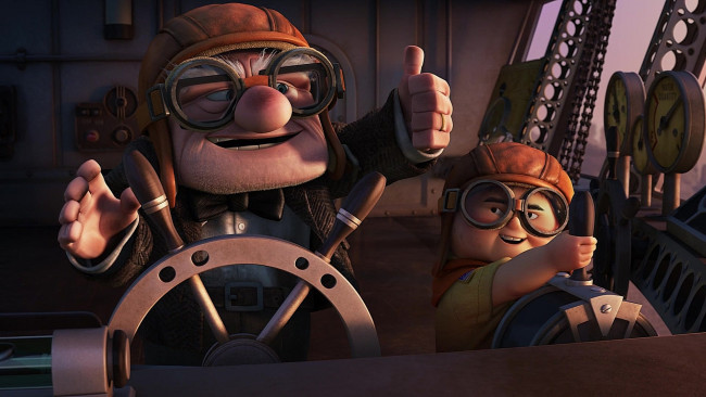 Обои картинки фото мультфильмы, up, очки, дедушка, мальчик, шлем, штурвал, руль