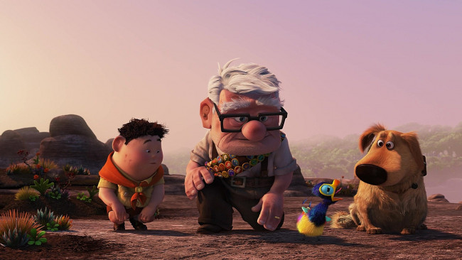 Обои картинки фото мультфильмы, up, собака, дедушка, мальчик, растения, птенец