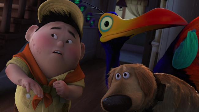 Обои картинки фото мультфильмы, up, собака, галстук, ребенок, птица, мальчик