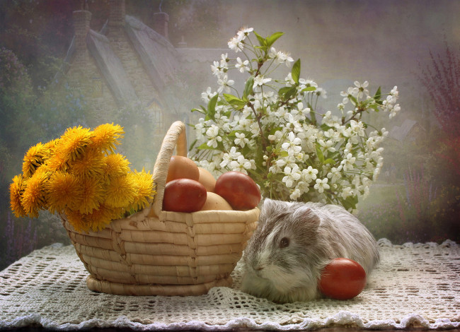 Обои картинки фото животные, морские свинки,  хомяки, морские, свинки, апрель, цветы, композиция, пасха, весна, яйца