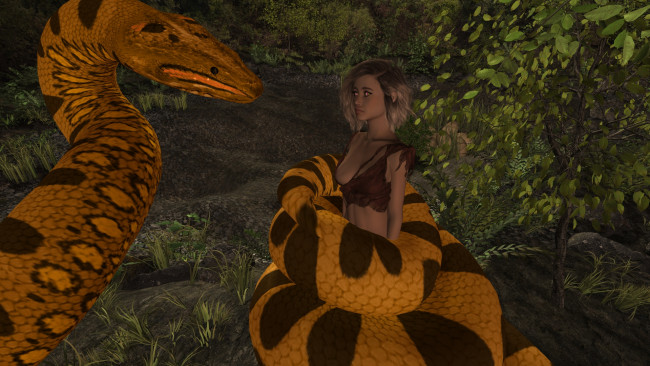 Обои картинки фото 3д графика, фантазия , fantasy, змея, фон, взгляд, девушка