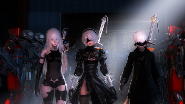 Обои картинки фото видео игры, nier,  automata, мужчина, взгляд, фон, девушки, меч, маска