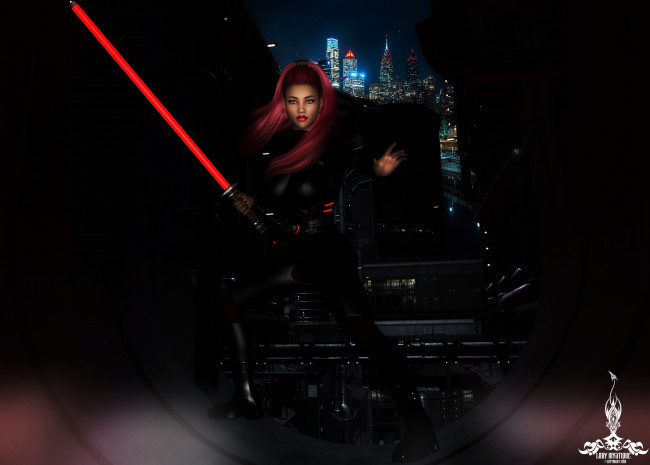 Обои картинки фото 3д графика, фантазия , fantasy, оружие, фон, взгляд, девушка