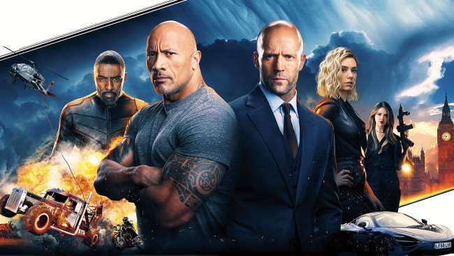 Обои картинки фото fast & furious presents,  hobbs & shaw , 2019, кино фильмы,  hobbs & shaw, ванесса, кирби, боевик, постер, идрис, эльба, jason, statham, дуэйн, джонсон, форсаж, хоббс, и, шоу