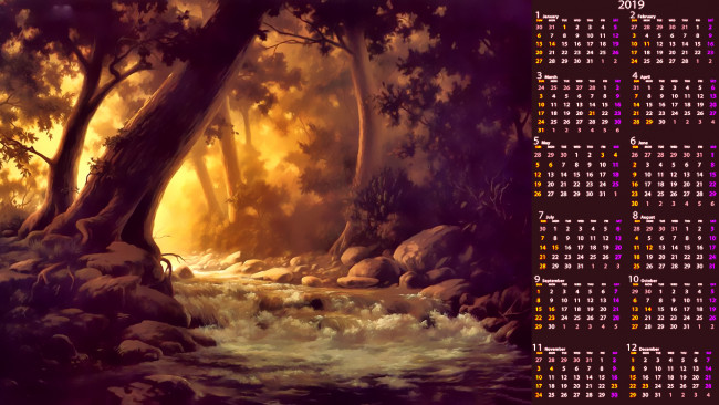 Обои картинки фото календари, рисованные,  векторная графика, водоем, вода, дерево, природа, calendar, 2019, лес