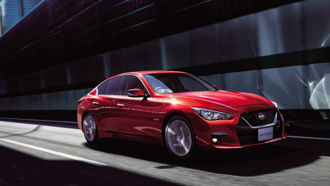 Обои картинки фото nissan skyline gt hybrid 2019, автомобили, nissan, datsun, гибрид, седан, красный, 2019, hybrid, gt, skyline