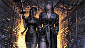 обоя фэнтези, _guweiz, девушки, оружие, очки, взрыв