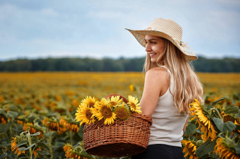 Картинка девушки -+блондинки +светловолосые блондинка шляпа улыбка поле подсолнухи корзинка