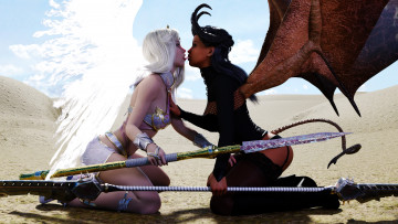 Картинка 3д+графика существа+ creatures девушки фон поцелуй противоположности ангел демон крылья рога копьё