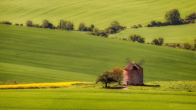 Обои картинки фото разное, мельницы, холмы, мельница, поля