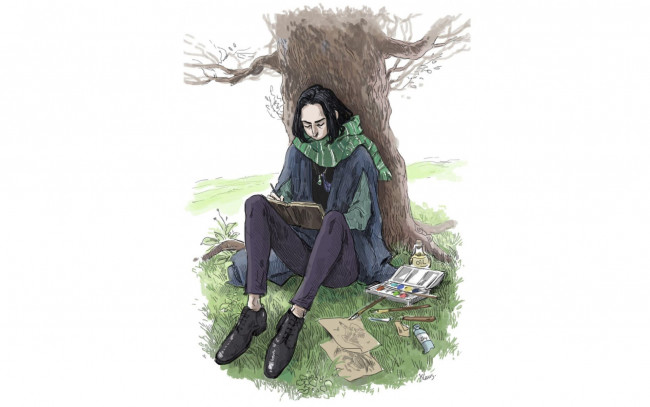 Обои картинки фото рисованное, кино,  мультфильмы, северус, снейп, шарф, дерево, краски, дневник