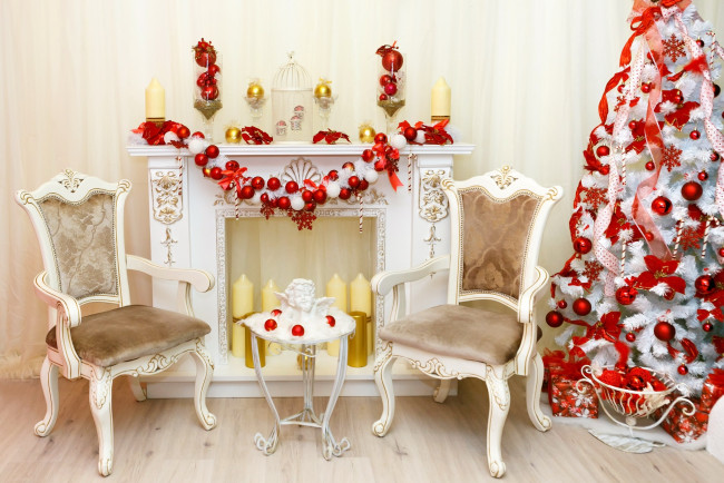 Обои картинки фото праздничные, ёлки, камин, свечи, елка, гирлянда, ангел