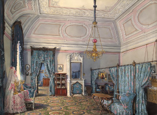 Картинка рисованное эдуард+гау интерьер комната дворец люстра свод лепнина зеркало шторы кресла стол