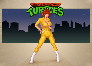 обоя видео игры, teenage mutant ninja turtles, девушка, комбинезон, город, репортер