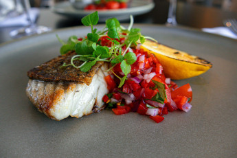 обоя еда, рыбные блюда,  с морепродуктами, овощи, жареная, рыба, зелень