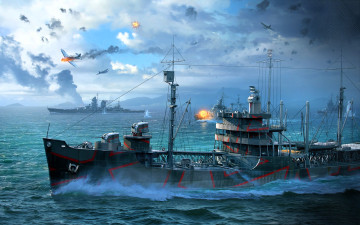 Картинка видео+игры world+of+warships корабли море огонь бой самолеты