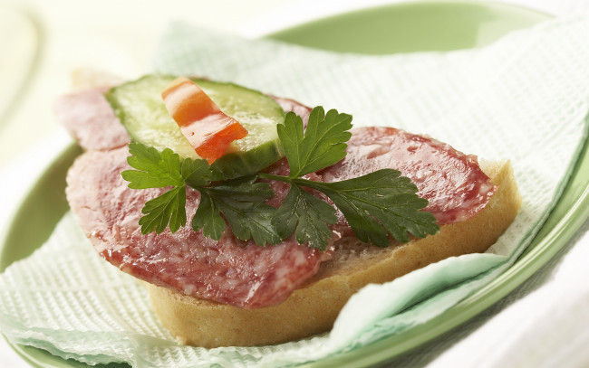 Обои картинки фото еда, бутерброды, гамбургеры, канапе, колбаса, огурец, хлеб, салфетка, тарелка