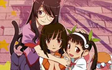 Картинка аниме bakemonogatari hanekawa+tsubasa девушка форма очки хвост ушки кошка sengoku+nadeko шляпа hachikuji+mayoi портфель бант лента улица