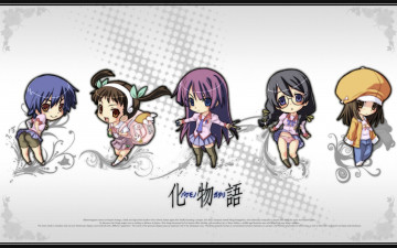 Картинка bakemonogatari аниме senjougahara+hitagi девушка форма инструменты kanbaru+suruga бинт шорты hachikuji+mayoi портфель бант лента sengoku+nadeko шляпа пиджак hanekawa+tsubasa очки косички